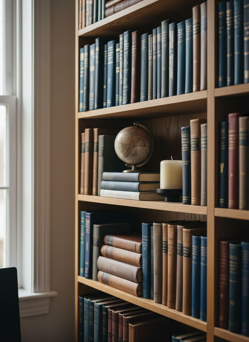 A close-up, photographic image of a simple oak bookshelf in a home office, filled with a mix of well-used hardcover books on history, ethics, law, and philosophy, their spines in muted blues, browns, and grays without readable titles. A small ceramic globe and a plain, unadorned candle sit between the books, adding symbolic hints of the wider world and quiet reflection. Soft, diffused morning light from an unseen window brushes across the spines, creating subtle highlights and gentle shadows. The composition uses the rule of thirds, with sharp focus on a central row of books and a slightly blurred foreground edge, evoking a thoughtful, scholarly mood in clean, modern photographic realism.