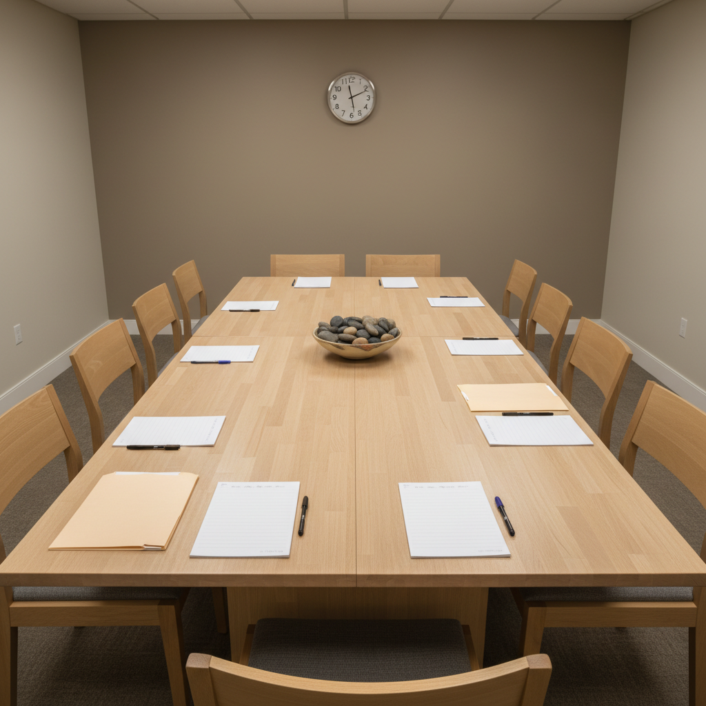 An overhead, photographic view of a large, unmarked wooden conference table in a quiet community meeting room. On the table lie several legal-size notepads, uncapped pens, a few manila folders, and a small ceramic bowl filled with smooth river stones, their varied grays and browns suggesting diversity and nuance. The surrounding chairs are empty, tucked in neatly, and the background shows soft-focus walls in neutral tones with a simple analog clock. Diffused ceiling lighting creates even illumination with gentle, natural-looking shadows. The mood is anticipatory yet peaceful, evoking the possibility of respectful dialogue about civic and moral issues. The composition emphasizes symmetry and clean lines, with sharp focus across the entire frame in a modern, professional photographic style.
