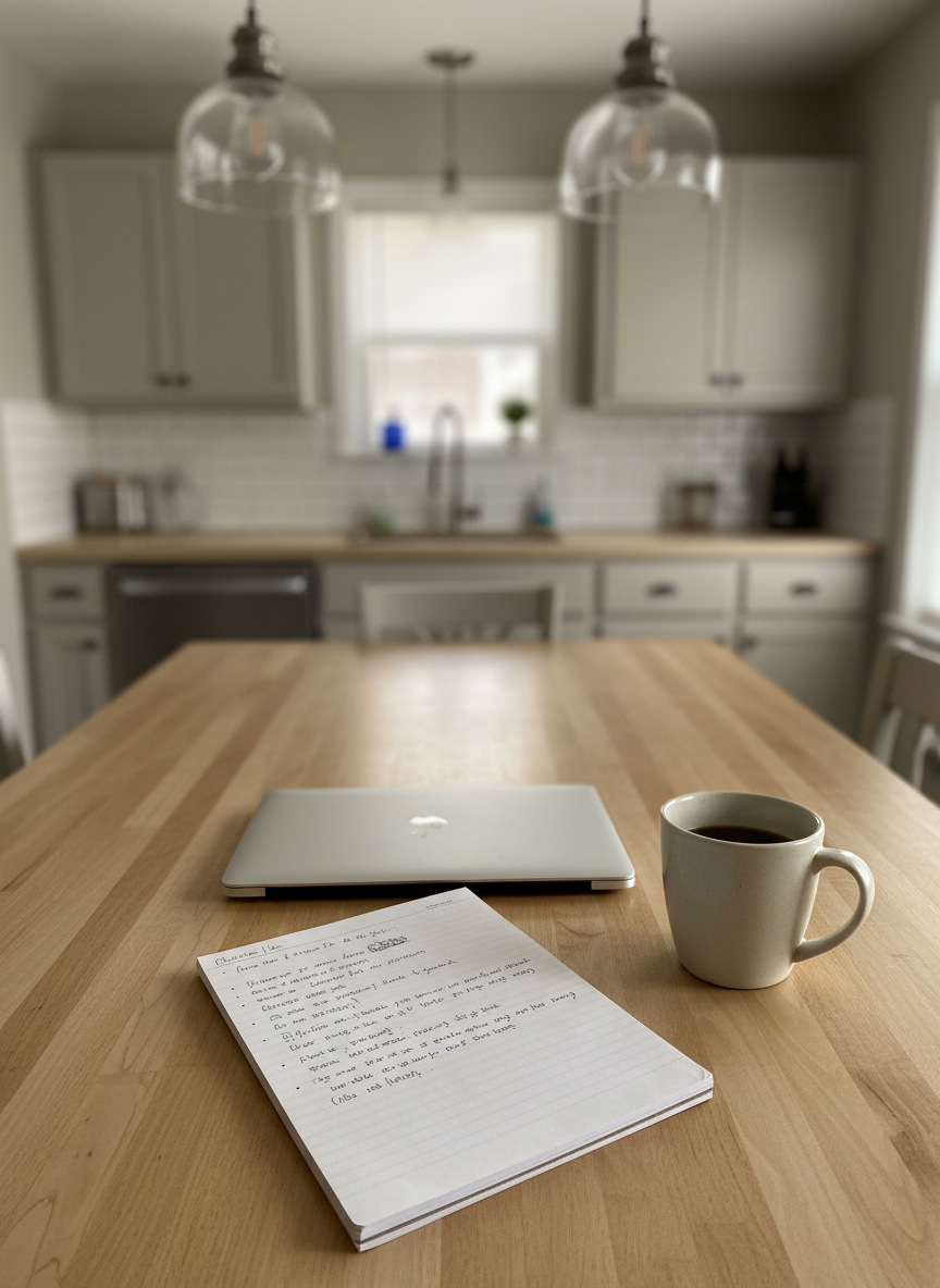 A sturdy kitchen table made of light maple wood, its surface cleared except for a single closed laptop, a spiral notebook with handwritten notes, and a plain stoneware mug half-filled with coffee. Beyond the table, a blurred background shows a modest, tidy American kitchen with neutral tones and simple cabinets, suggesting everyday life. Warm overhead pendant lighting gently illuminates the table, creating soft reflections on the laptop and subtle texture in the notebook’s paper. Shot from a slightly elevated angle in photographic realism, the composition centers the table, emphasizing the quiet space where an ordinary citizen thinks through questions of public life and conscience. The atmosphere is calm, balanced, and introspective, with no sensational or partisan elements.