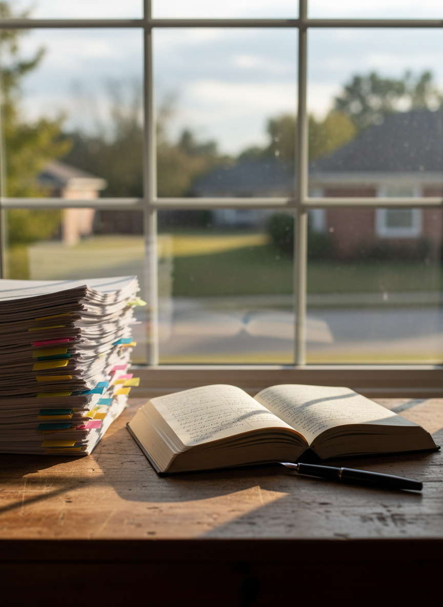 A well-worn wooden writing desk positioned near a large window, its surface covered with an open, cloth-bound journal, a simple black ink pen, and a neatly stacked pile of printed essays marked with colored sticky tabs. Outside the window, unfocused shapes of modest suburban houses and trees hint at an ordinary American neighborhood. Soft late-afternoon natural light pours in, casting gentle shadows across the papers and emphasizing the grain of the wood. The mood is contemplative and calm, suggesting quiet reflection on public life. Photographic realism from an eye-level angle, with shallow depth of field keeping the journal in crisp focus while the background blurs into a soft, neutral bokeh, creating a thoughtful, non-partisan atmosphere.